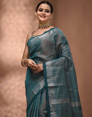 Teal tissue handwoven saree with zari woven temple borders 5