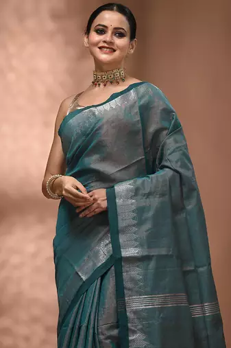 Teal tissue handwoven saree with zari woven temple borders