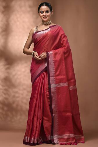 Pink tissue handwoven saree with zari woven temple borders