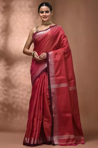 Pink tissue handwoven saree with zari woven temple borders