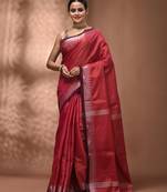 Pink tissue handwoven saree with zari woven temple borders