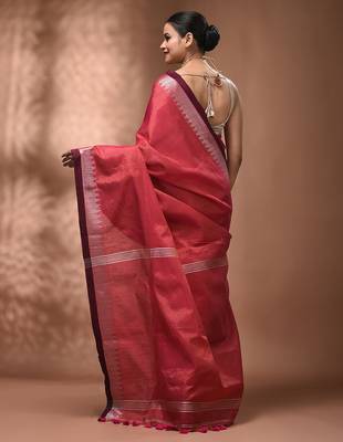Pink tissue handwoven saree with zari woven temple borders 2