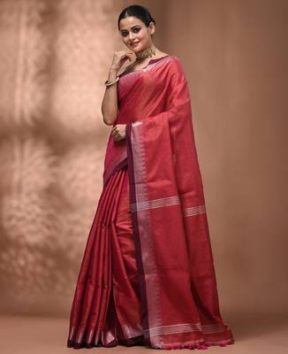 Pink tissue handwoven saree with zari woven temple borders 3