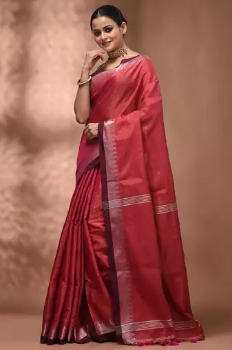 Pink tissue handwoven saree with zari woven temple borders