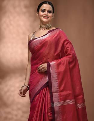 Pink tissue handwoven saree with zari woven temple borders 5