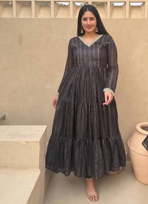 Festive black striped anarkali suit with dupatta and pant set 2
