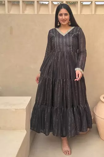 Festive black striped anarkali suit with dupatta and pant set