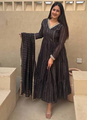 Festive black striped anarkali suit with dupatta and pant set 3