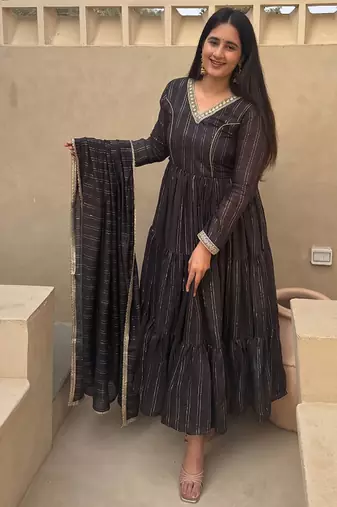 Festive black striped anarkali suit with dupatta and pant set