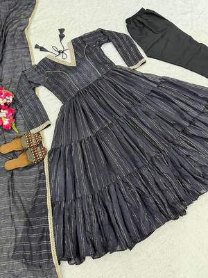 Festive black striped anarkali suit with dupatta and pant set 4