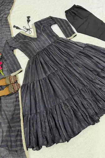 Festive black striped anarkali suit with dupatta and pant set