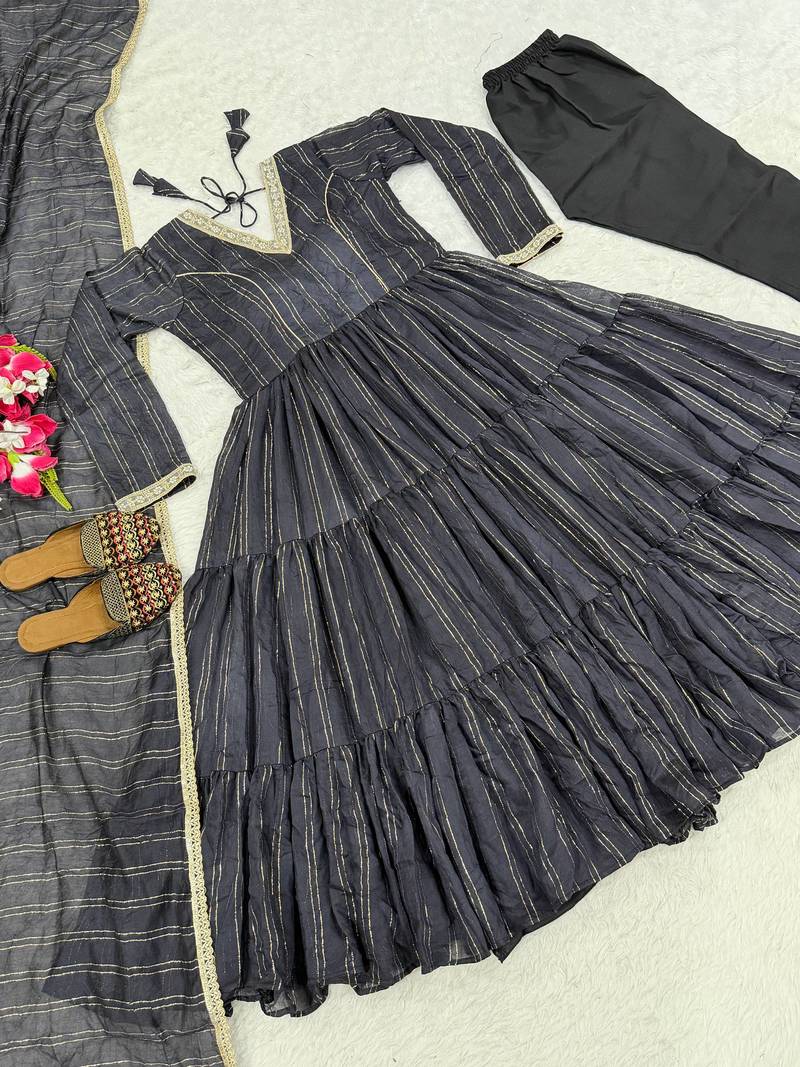 Festive black striped anarkali suit with dupatta and pant set