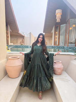 Festive green striped anarkali suit with dupatta and pant set 1