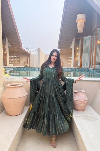 Festive green striped anarkali suit with dupatta and pant set