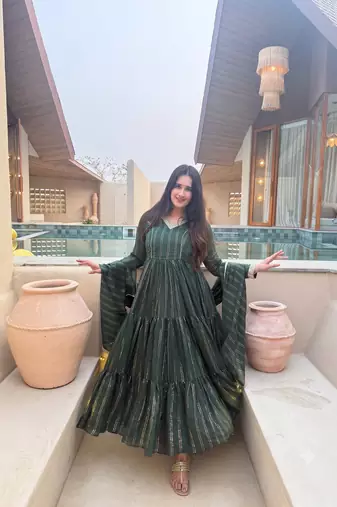 Festive green striped anarkali suit with dupatta and pant set
