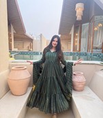 Festive green striped anarkali suit with dupatta and pant set