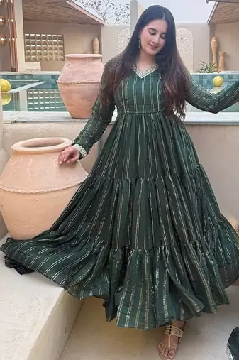 Festive green striped anarkali suit with dupatta and pant set