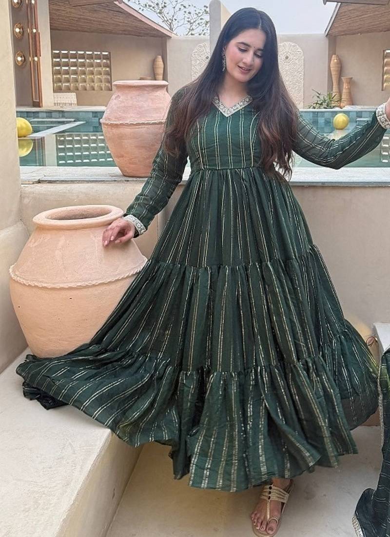 Festive green striped anarkali suit with dupatta and pant set