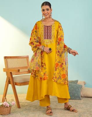 Women's mustard viscose embroidered a-line kurta set with dupatta and pant 1