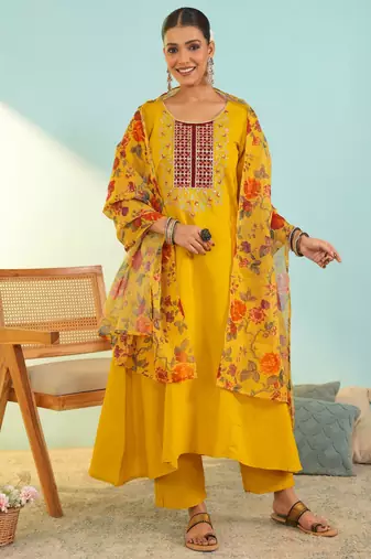 Women's mustard viscose embroidered a-line kurta set with dupatta and pant