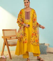 Women's mustard viscose embroidered a-line kurta set with dupatta and pant