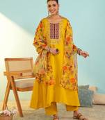 Women's mustard viscose embroidered a-line kurta set with dupatta and pant