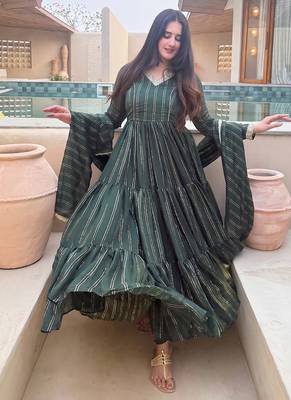 Festive green striped anarkali suit with dupatta and pant set 3
