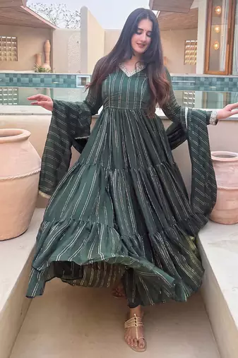 Festive green striped anarkali suit with dupatta and pant set