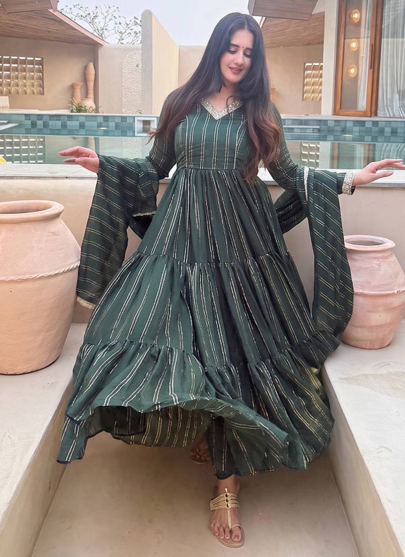 Festive green striped anarkali suit with dupatta and pant set