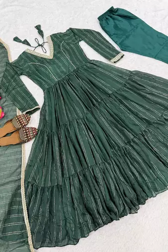 Festive green striped anarkali suit with dupatta and pant set