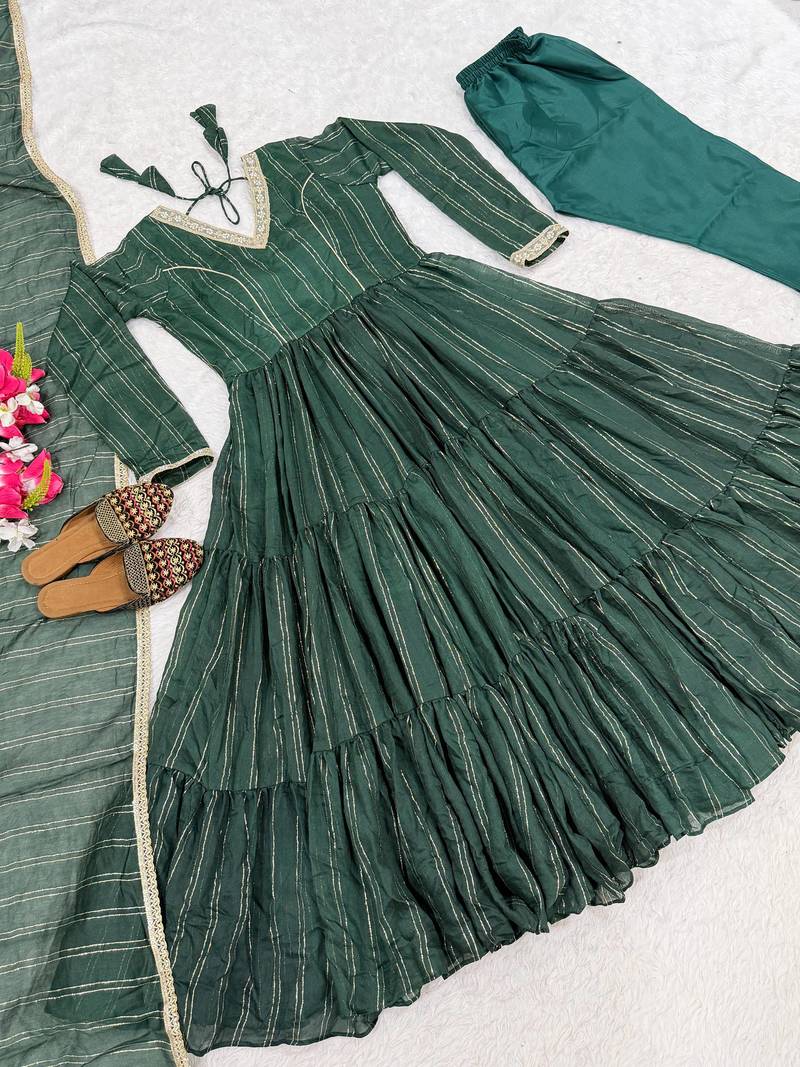 Festive green striped anarkali suit with dupatta and pant set