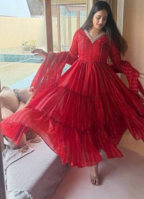Festive red striped anarkali suit with dupatta and pant set 1