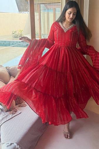 Festive red striped anarkali suit with dupatta and pant set