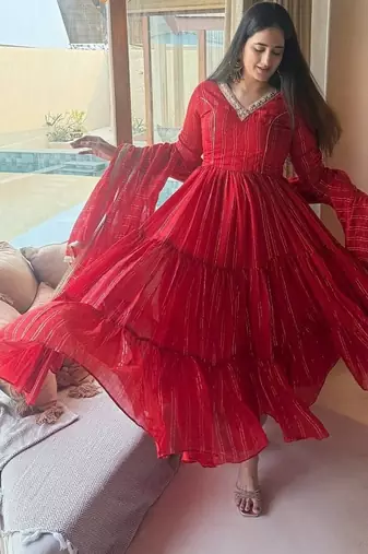 Festive red striped anarkali suit with dupatta and pant set