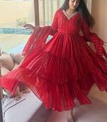Festive red striped anarkali suit with dupatta and pant set