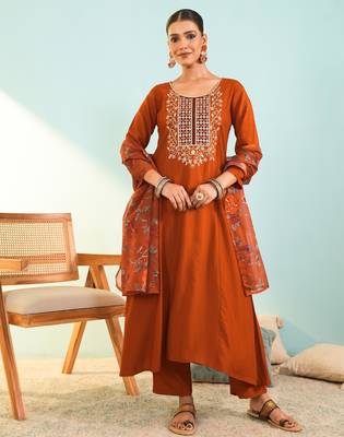Women's rust viscose embroidered a-line kurta set with dupatta and pant 1