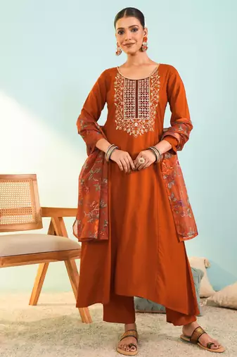 Women's rust viscose embroidered a-line kurta set with dupatta and pant
