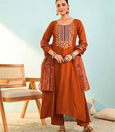 Women's rust viscose embroidered a-line kurta set with dupatta and pant