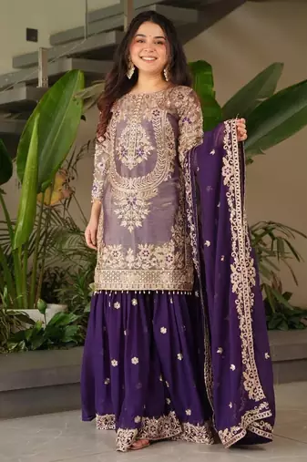 Purple designer embroidered top plazzo dupatta set for party and wedding