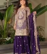 Purple designer embroidered top plazzo dupatta set for party and wedding