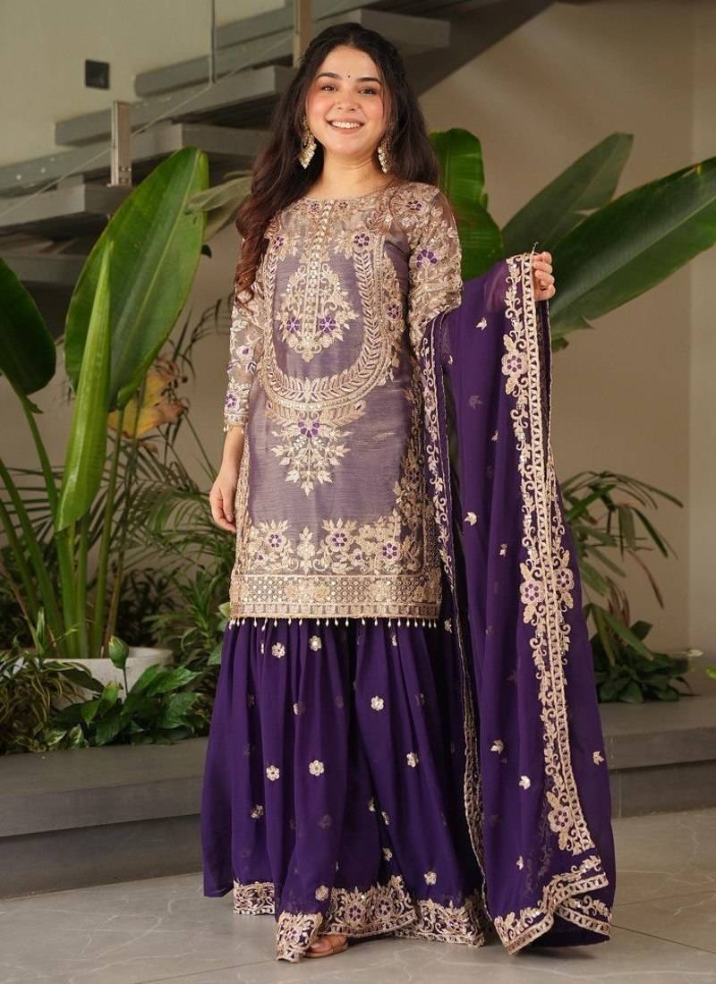 Purple designer embroidered top plazzo dupatta set for party and wedding