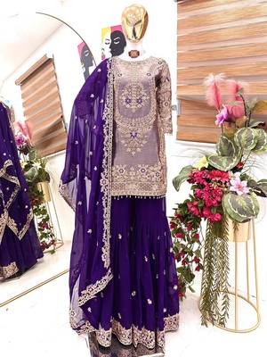 Purple designer embroidered top plazzo dupatta set for party and wedding 2