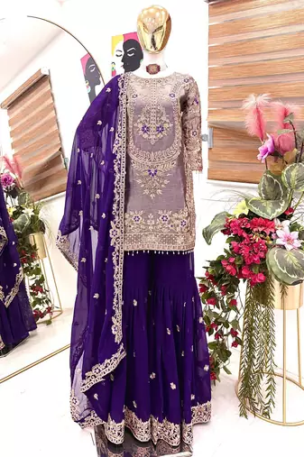 Purple designer embroidered top plazzo dupatta set for party and wedding