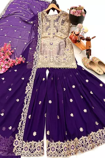 Purple designer embroidered top plazzo dupatta set for party and wedding