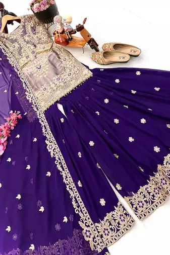 Purple designer embroidered top plazzo dupatta set for party and wedding