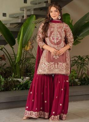 Pink designer embroidered top plazzo dupatta set for party and wedding 1