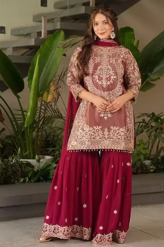 Pink designer embroidered top plazzo dupatta set for party and wedding