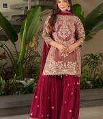 Pink designer embroidered top plazzo dupatta set for party and wedding