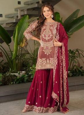 Pink designer embroidered top plazzo dupatta set for party and wedding 2