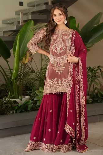 Pink designer embroidered top plazzo dupatta set for party and wedding